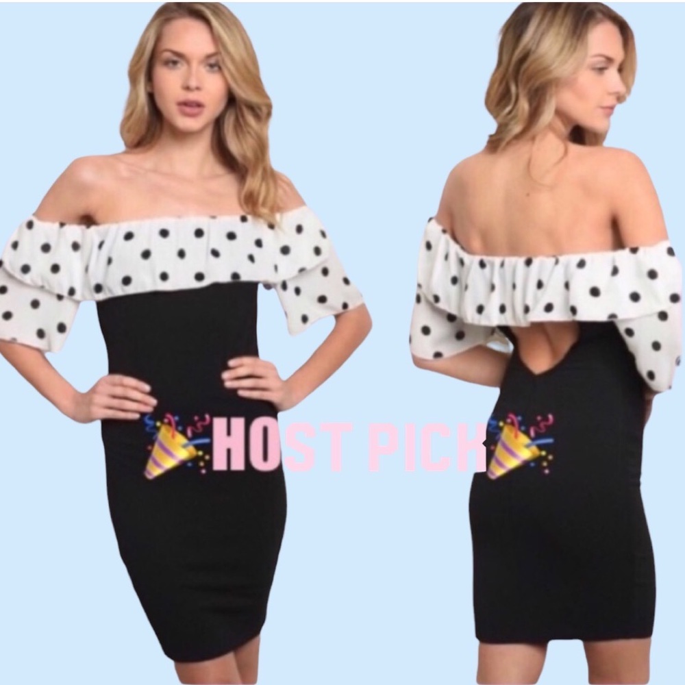 ❌DONATED❌Black Off The Shoulders Polka Dot Ruffle Dress - Picture 1 of 8